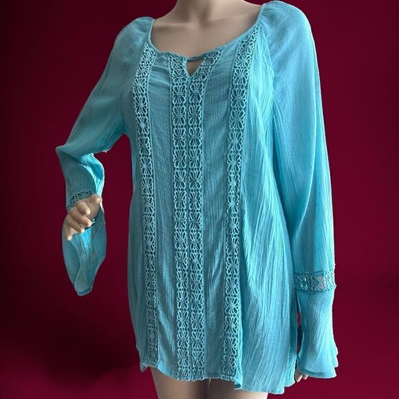Krazy Kay turquoise blouse bell sleeve - Picture 2 of 8